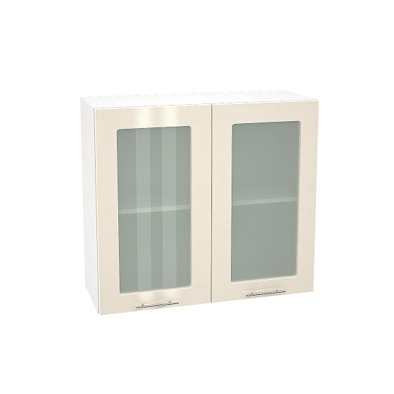 Шкаф верхний со стеклом с 2 створками Кухня Валерия 800 мм Белый - Ваниль глянец