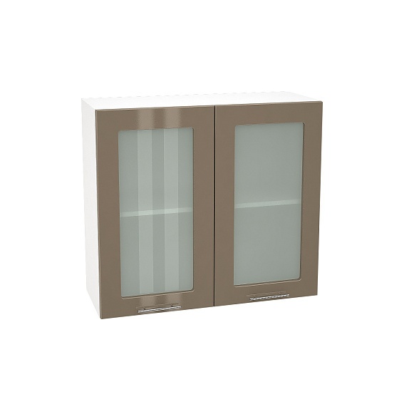 Шкаф верхний со стеклом с 2 створками Кухня Валерия 800 мм Белый - Капучино глянец